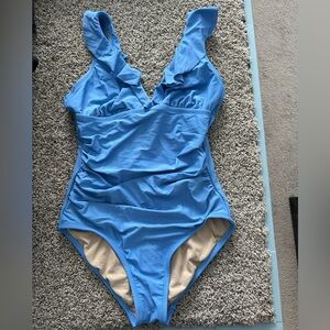 Blue ruffle one piece bathing suit